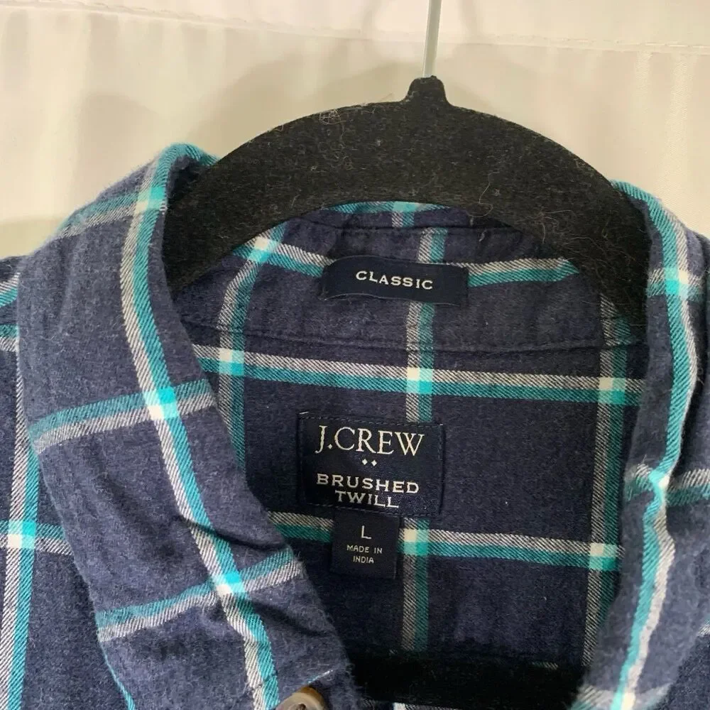 J. Crew Brushed Twill Shirt Men's Large Blue Plaid Flannel Button Up Long Sleeve
